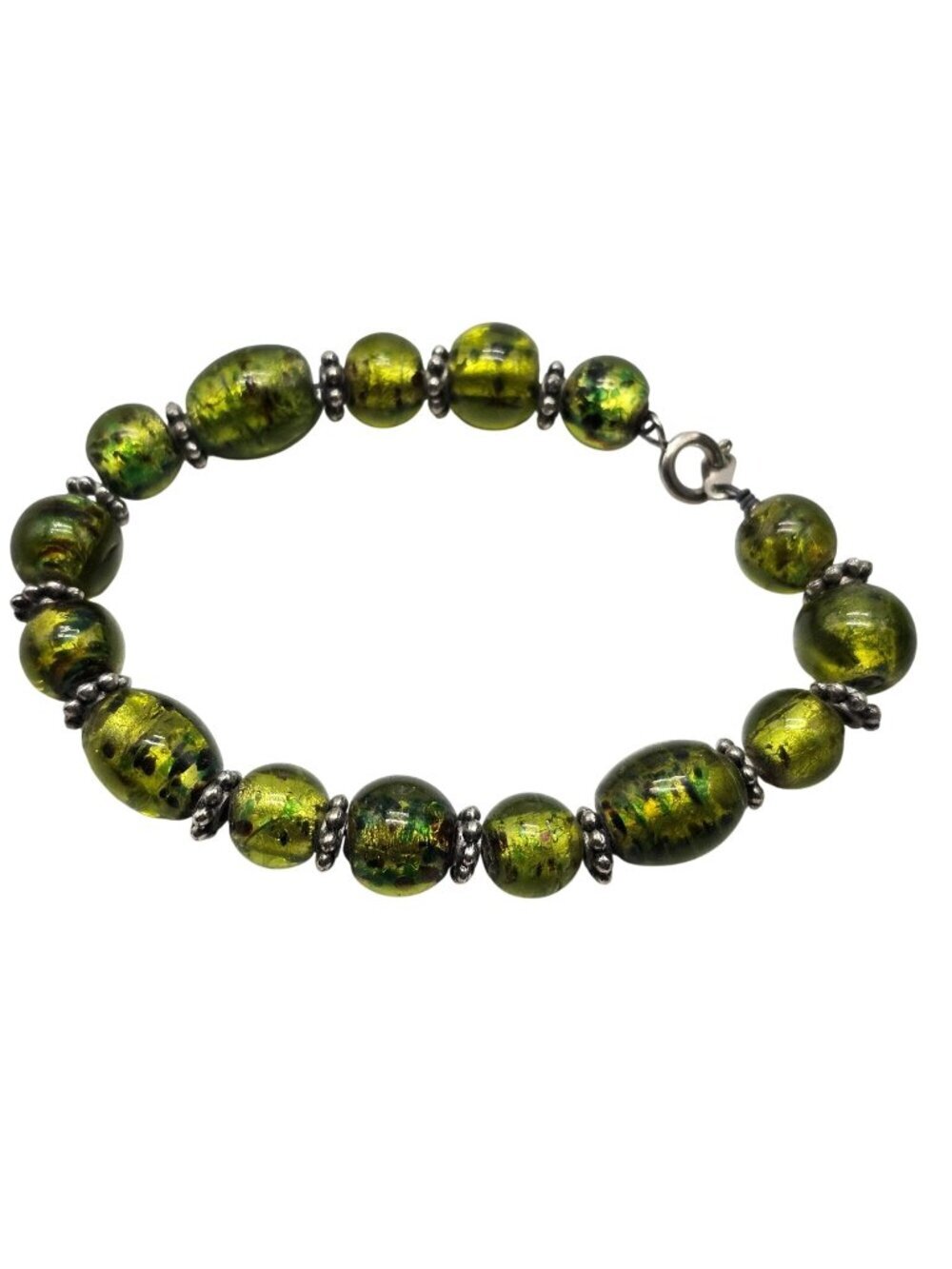 Green Murano Glass Beaded Bracelet With Silver Spacers Lobster Clasp Vintage